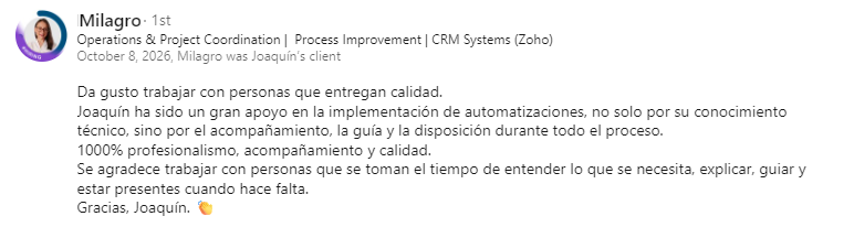 Recomendación de Milagro en LinkedIn